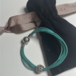 Pandora Multi-strand 5 String Turquoise Bracelet Filigree Charm Bag 925 6.5”-7”